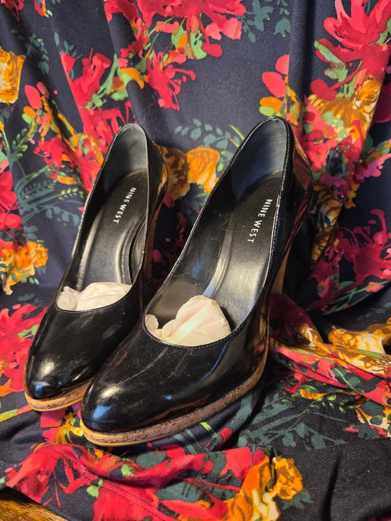 Nine West Shoes - Nine West Black Patent Platform Pumps with Cork-Look Sole